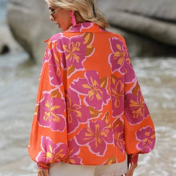 Orange Boho Womens Floral Print Lantern Sleeve Shirt - Picture 2 of 5